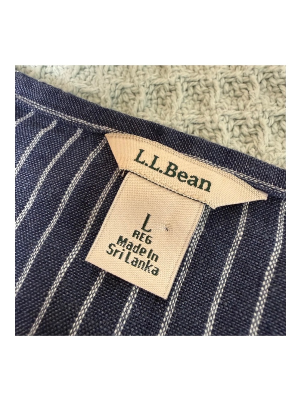 LL Bean 100% Linen Shirt Womens Large Reg Navy Blue Stripe Lagenlook Top 517773 - Picture 4 of 8